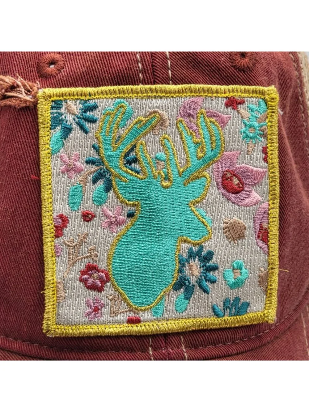 Judith March Distressed Burgundy Trucker Hat With Embroidered Floral Deer Patch